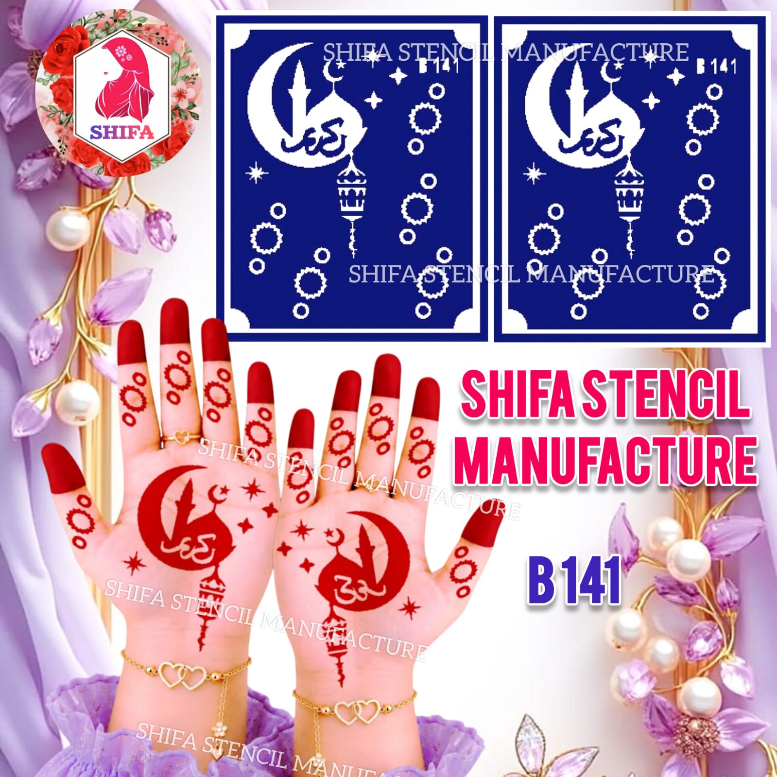 B141 Noor Crescent Lantern Charm Double Hand - Ramzan Designs Henna Stencil - Shifa Stencil